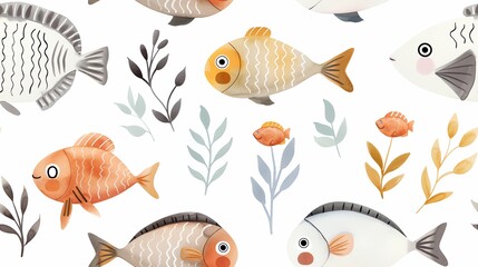 Fototapeta premium Whimsical hand-drawn fish pattern with pastel colors and delicate leaves on a white background, perfect for printing and digital design.