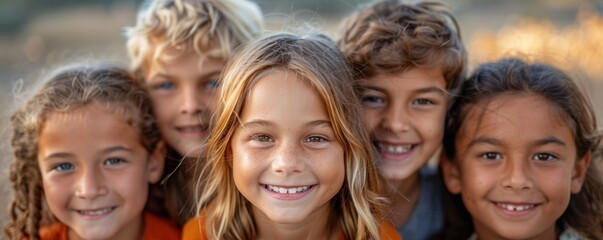 Fototapeta premium A group of five happy children outdoors, smiling warmly with close-up faces that exhibit joyful expressions, suggesting friendship and carefree moments in a natural setting