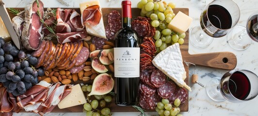 Food macro photography. Slicing deli meats, cheese, bread, tomatoes, olives and wine.	