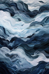 Obraz premium A blue and white painting of waves and mountains