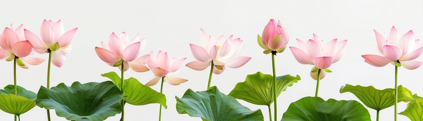 A beautiful arrangement of pink lotus flowers in various stages of bloom against a solid white background