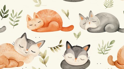 Seamless pattern of adorable sleeping cats with leaves, perfect for wallpaper, fabric, and stationery design.