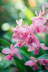 A beautiful close-up of a pink Cattleya orchid in full bloom against a blurry background of green leaves and soft light.