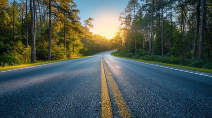 Empty road stretching into a serene forest at sunrise