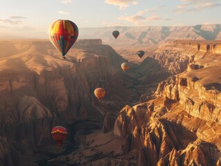 Fototapeta premium majestic scene of colorful hot air balloons drifting over vast canyon landscape golden hour lighting dramatic shadows adventure and wanderlust theme