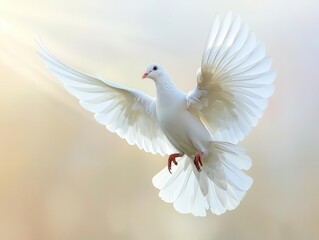 Obraz premium majestic white dove in midflight against a clear sky wings fully extended catching the sunlight feathers detailed with a soft photorealistic quality symbol of peace and freedom in motion