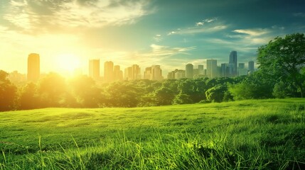 Vibrant green meadow bathed in golden glow of sunrise with tall buildings rising majestically from behind city skyline