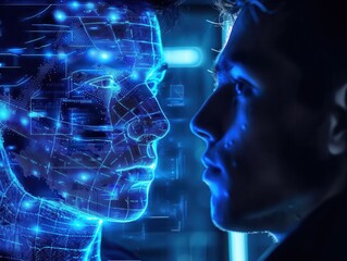 man facing digital doppelganger glowing interface between them futuristic setting cool blue lighting