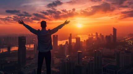 Fototapeta premium Man with arms raised in victory stands on roof of office building overlooking sunset over cityscape