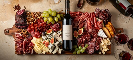 Food macro photography. Slicing deli meats, cheese, bread, tomatoes, olives and wine.	