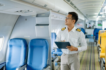 Asian Confident male pilot in uniform leaning at the passenger seat while standing inside of the...
