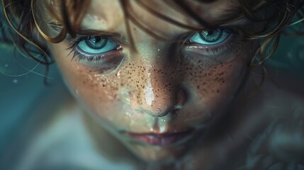 Close-up portrait of a young child with intense blue eyes and freckles, wet hair, and water droplets on the face, evoking a sense of mystery and depth