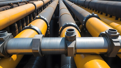 High pressure hydraulic hose system connected to steel pipes, close-up. Marine hydraulics. Generative AI