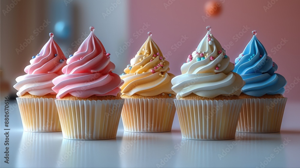 Poster Four cupcakes in line with each different color, laying on white table. Generative AI.