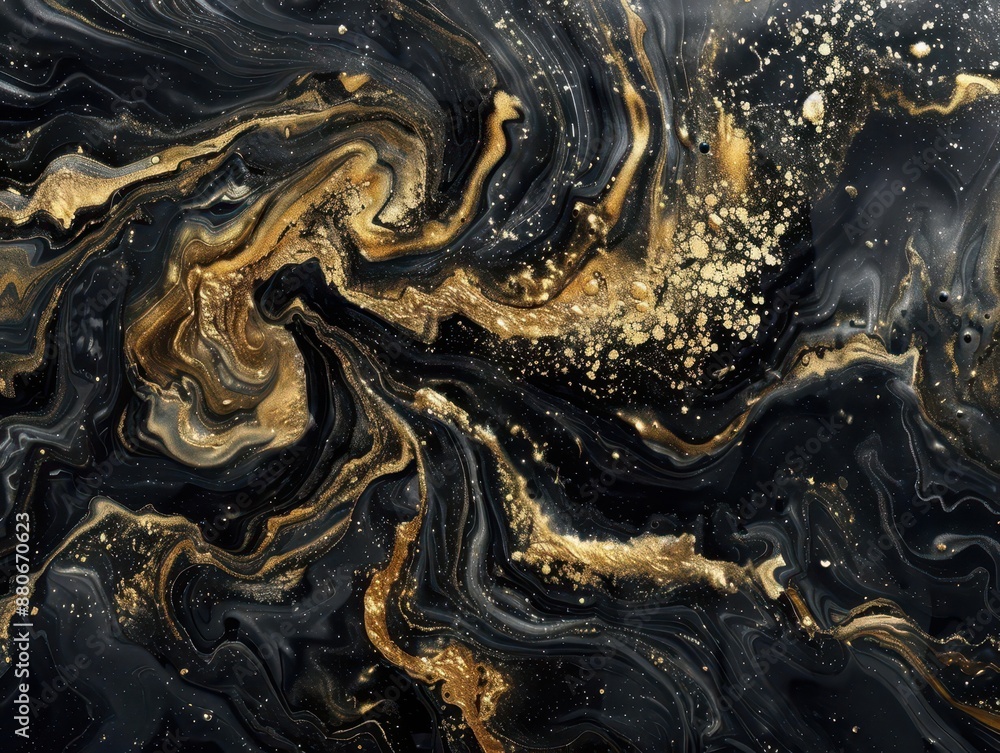 Poster mesmerizing vortex of swirling black and gold liquid creating abstract patterns reminiscent of marbl