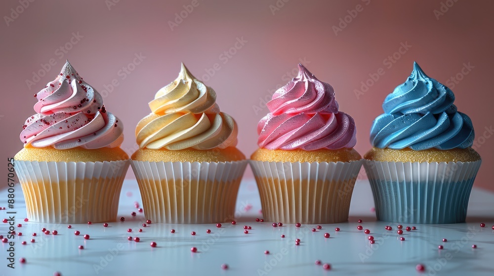 Poster Four cupcakes in line with each different color, laying on white table. Generative AI.