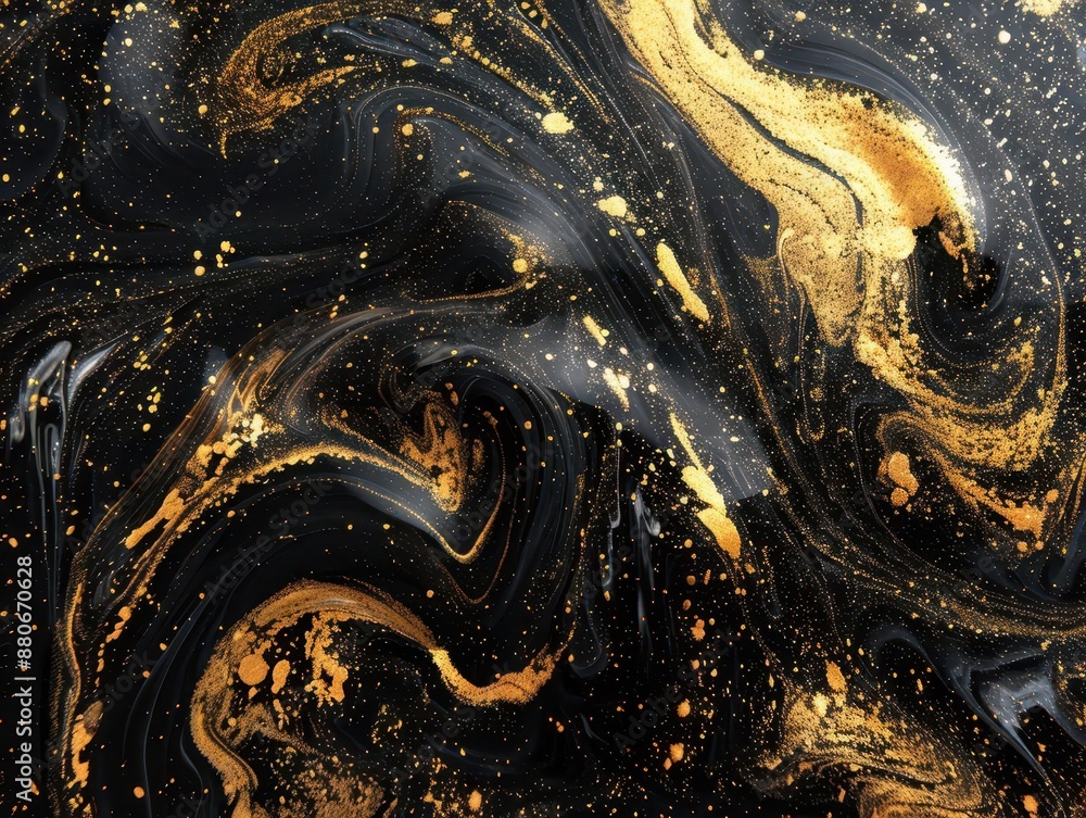 Poster mesmerizing vortex of swirling black and gold liquid creating abstract patterns reminiscent of marbl