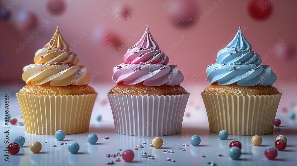 Poster Four cupcakes in line with each different color, laying on white table. Generative AI.
