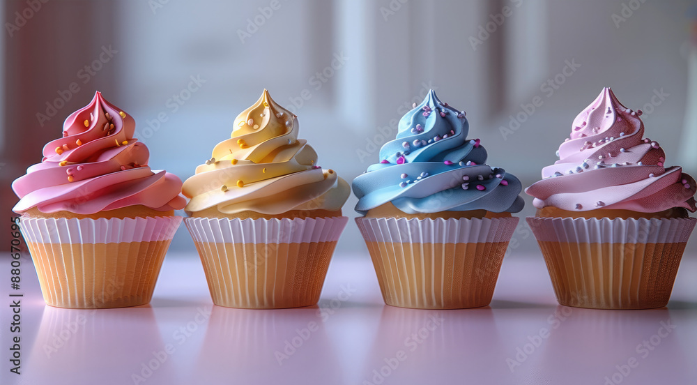 Poster Four cupcakes in line with each different color, laying on white table. Generative AI.