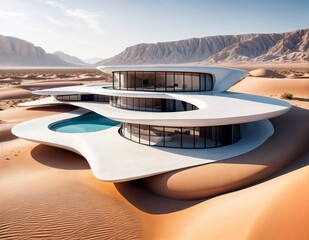Fototapeta premium modern white house with curved walls and a round pool, set in a desert landscape with a mountainous backdrop.