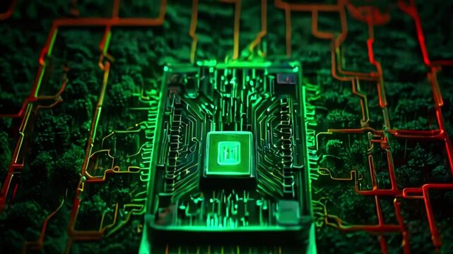 A green circuit board with a glowing green and red CPU in the center.