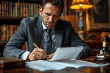 A businessman in a suit focused on writing on a document within a luxurious office, portraying professionalism, diligence, and the importance of meticulous paperwork.