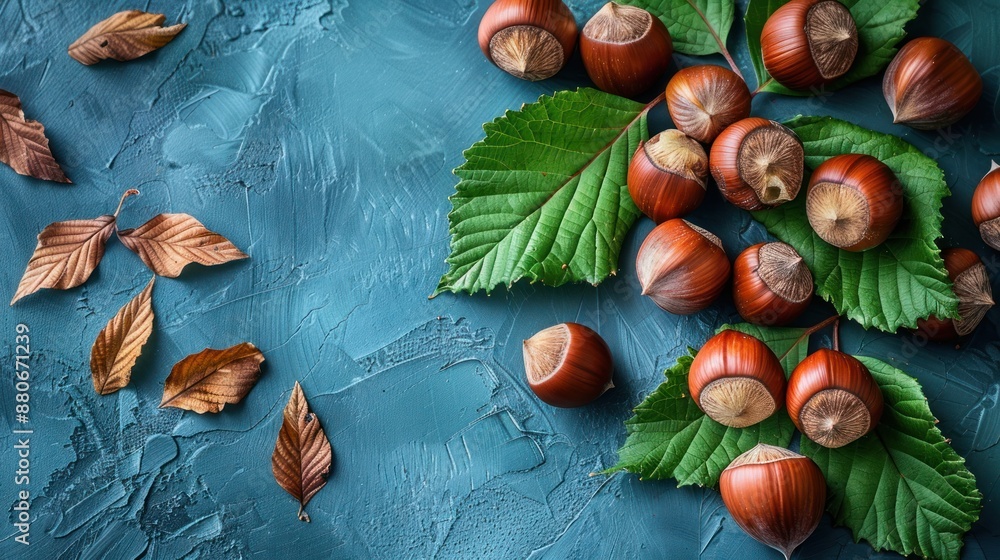 Wall mural hazelnuts and leaves on a blue background