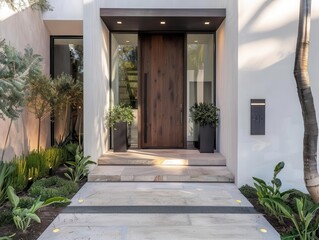 minimalist entrance featuring a sleek wooden door with clean lines and hidden smarthome technology zeninspired landscaping and subtle lighting create an inviting modern curb appeal