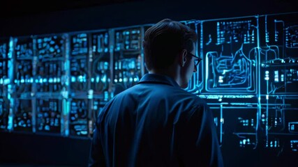 A person in a dark room looking at a large blue screen with a circuit board graphic on it.