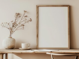minimalist home office corner sleek wooden picture frame on beige wall artisanal vase with dried flowers coffee cup on desk clean scandinavian aesthetic