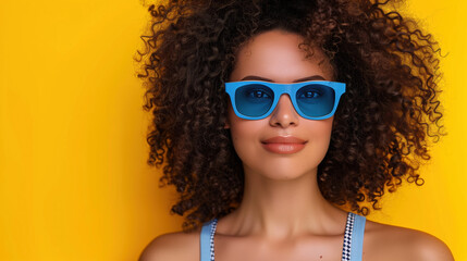 Fototapeta premium Vibrant and Cheerful Curly-Haired Woman with Blue Spectacles on Yellow Background