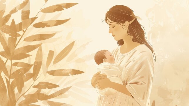 Genesis : Jacob&rsquo;s Children , Biblical Illustration of Leah Holding Newborn Reuben, Genesis, Beige Background, Copyspace