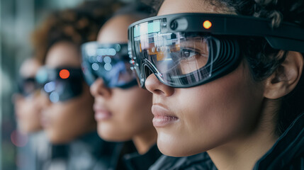 Close-up of individuals wearing augmented reality glasses in a design studio, overlaying digital elements onto a physical model, modern high-tech feel
