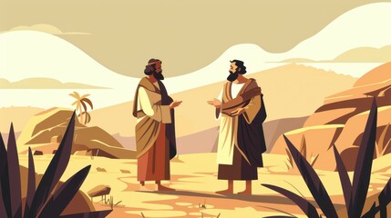 Genesis : Jacob and Laban , Biblical Illustration of Jacob Negotiating His Wages with Laban, Genesis Narrative, Beige Background, Copyspace