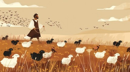 Genesis : Isaac and the Philistines , Biblical Illustration of Isaac’s Flocks and Herds Growing in Number, Genesis Narrative, Beige Background, Copyspace