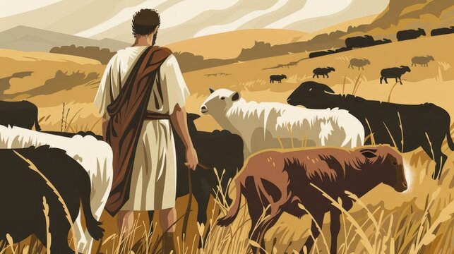 Genesis : Jacob and Laban , Biblical Illustration of Jacob Using Selective Breeding for Laban&rsquo;s Flocks, Genesis, Beige Background, Copyspace