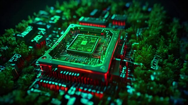 A close-up of a computer chip with green and red lights on a circuit board.