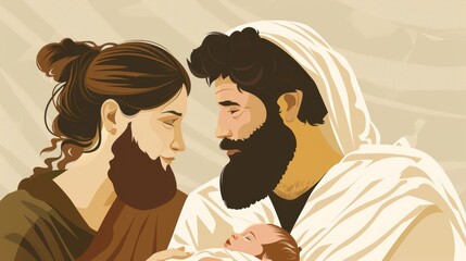 Genesis : The Birth of Isaac , Biblical Illustration of Abraham and Sarah with Their Newborn Son, Genesis, Beige Background, Copyspace