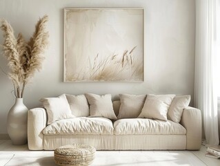 minimalist scandinavian living room flooded with natural light oversized art print plush beige sofa wispy pampas grass in ceramic vase clean lines and muted color palette