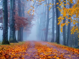 Fototapeta premium misty autumn park scene golden leaves carpeting winding path tall trees with vibrant foliage framing tranquil landscape