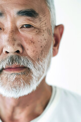 Obraz premium A 50-year-old Korean man undergoing a facial skin lifting treatment in a clinic, close-up of his face with visible smooth skin