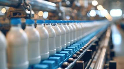 Obraz premium A plastic milk bottles with blank blue wrapper at the milk factory production line. depth of field. Generative AI.