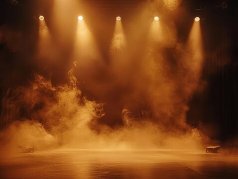 misty stage bathed in warm brown spotlights empty platform surrounded by ethereal fog creates dramatic showcase for artistic performances