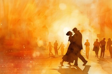 Obraz premium Romantic couple dancing in warm sunset, silhouettes of people and cityscape, romantic evening, watercolor painting, sunset, silhouettes, couple, dancing concept