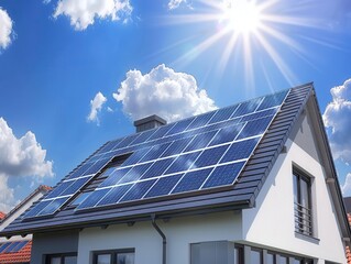 Fototapeta premium modern home with sleek solar panel array on roof blue sky backdrop emphasizes clean energy and sustainability architectural design showcases integration of renewable technology