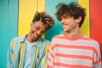 Two young men smiling and laughing joyfully while standing in front of a colorful wall, showcasing a moment of happiness and friendship.
