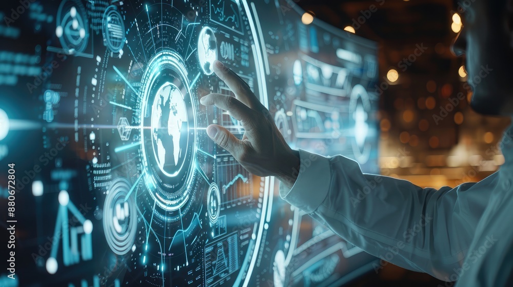 Poster A business professional touching a screen with ISO standards and globe icons. Generative AI.