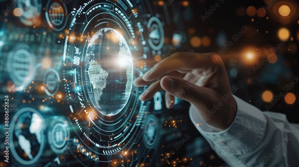 Poster A business professional touching a screen with ISO standards and globe icons. Generative AI.