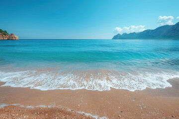 A pristine sandy beach with gentle waves lapping at the shore, clear blue ocean extending to the horizon, under a bright sky, offering tranquility and relaxation.