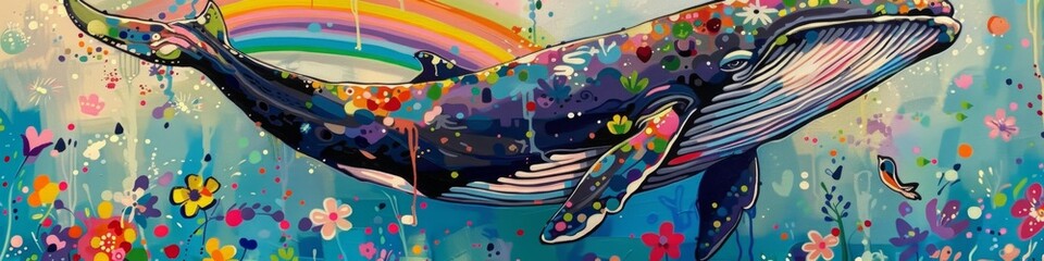 Abstract Wallpaper of a Whale with Flowers and Rainbow: Enchanting Oceanic Creature in a Colorful and Whimsical Scene, Perfect for Children's Day Themes and Marine Life Art Enthusiasts
